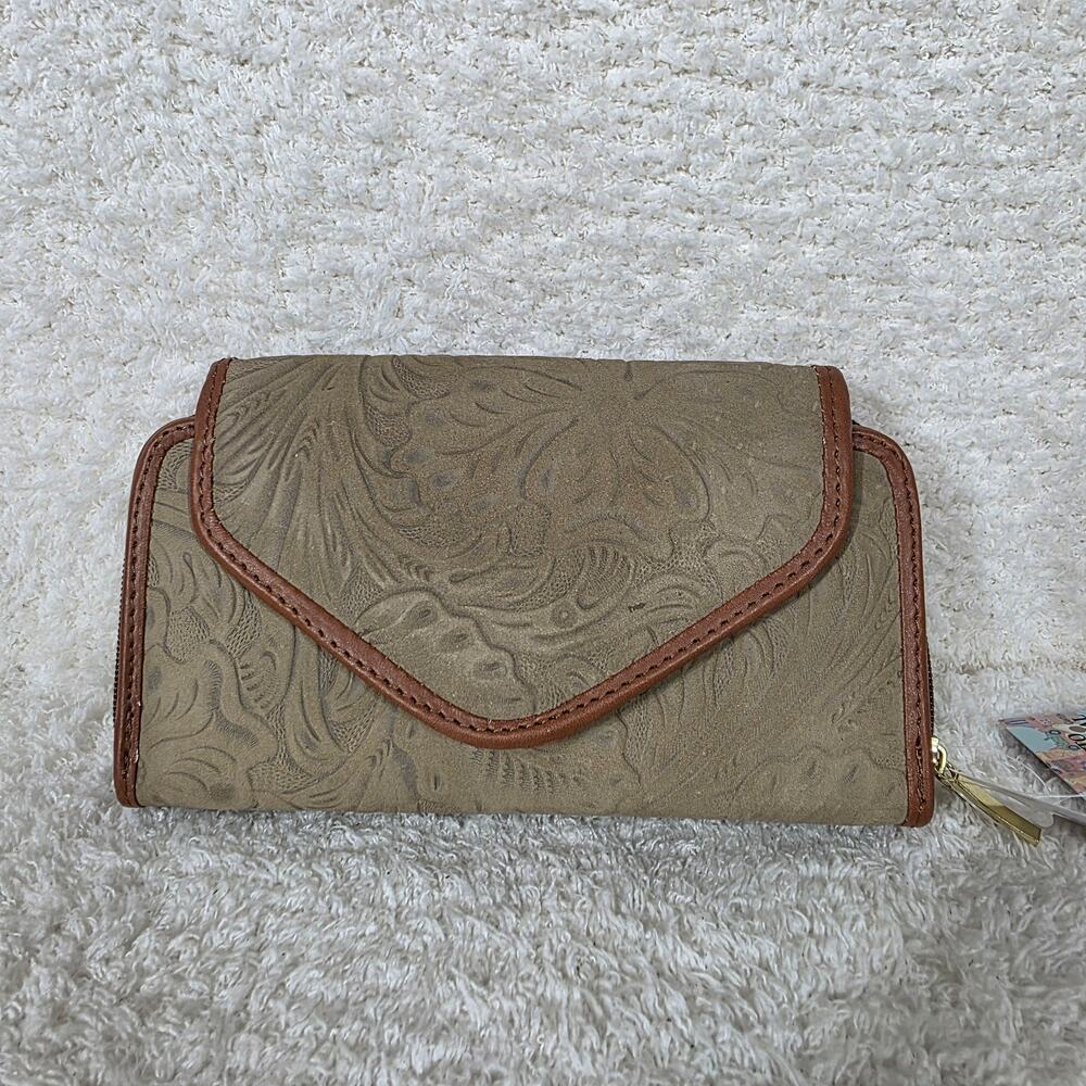 Dark Taupe Mexican Handmade Floral Embossed Leather Flap Closure Wallet